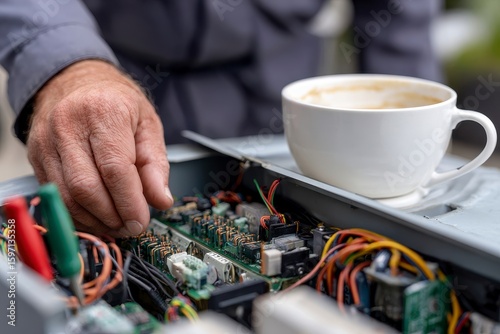 A hand inspects a complex circuit board.  Coffee cup nearby