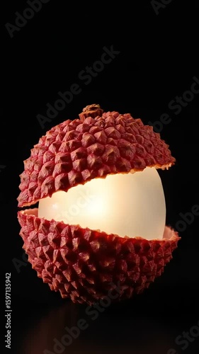 Lychee fruit split open revealing white flesh inside