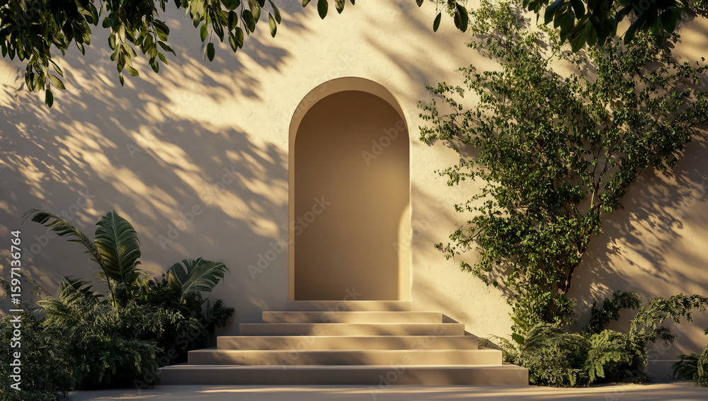 Fototapeta premium The minimalist outdoor environment is created by a smooth, cream-colored staircase, which rises to an elegant arched doorway, surrounded by lush greenery and vibrant plants,