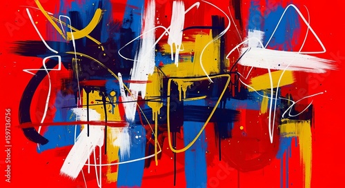 Abstract Colorful Painting on Red Background Brush Strokes and Drips
