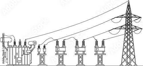Vector image of high voltage transformer and substation connected to power transmission tower, ideal for energy, electricity, and utility design