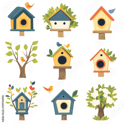 Bird houses set vector illustration