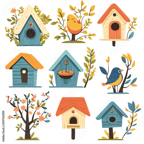 Bird houses set vector illustration