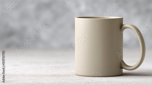 A beige ceramic mug on a table in front of a neutral blurred background, perfect for product mockup. The mug is a blank canvas