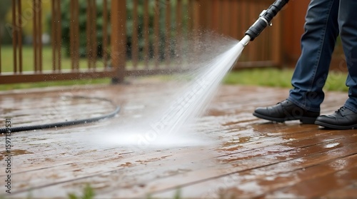 A person wearing blue jeans and boots uses a pressure washer to clean a wet wooden deck, spraying a powerful jet of water.
