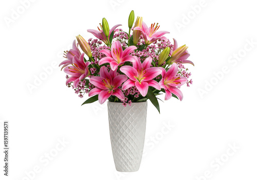 Elegant pink lily arrangement in a white textured vase isolated on transparent background