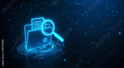 A glowing blue digital icon of a file folder, papers, and magnifying glass against a grid and abstract background