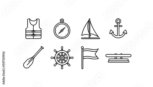 Outlined nautical icons featuring a life vest, compass, sailboat, anchor, oar, wheel, flag, and cleat
