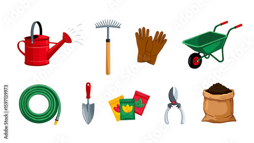 Assortment of gardening tools including watering can, rake, gloves, and wheelbarrow displayed together