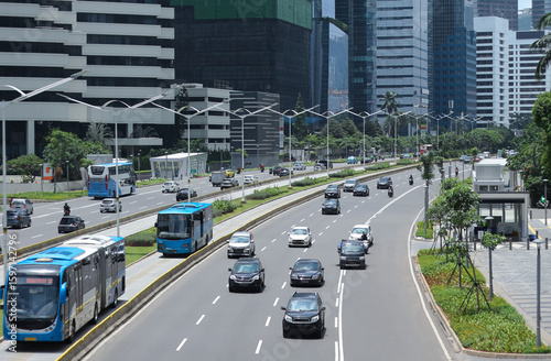 Jakarta city public transportation with buildings skyline modern view