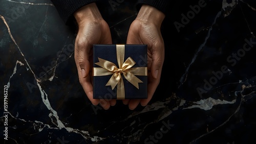 hands holding a gift box on black marble background. Top view.
