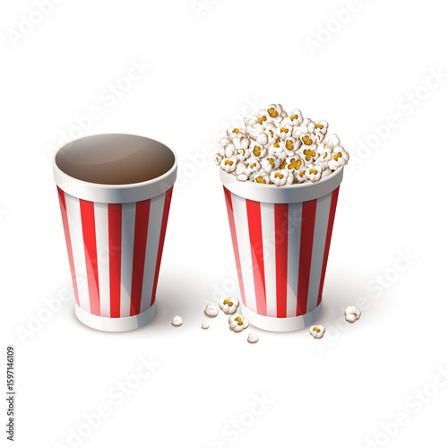 Cinema Delight: A delightful depiction of cinema-style popcorn and drink cups, ready for your enjoyment. Prepare for a sensory experience filled with movie magic.