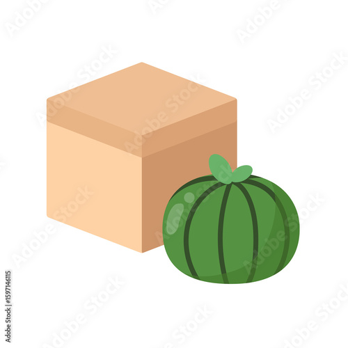 Geometric Green Melon and box: An illustration of a round green melon and an unopened rectangular box.