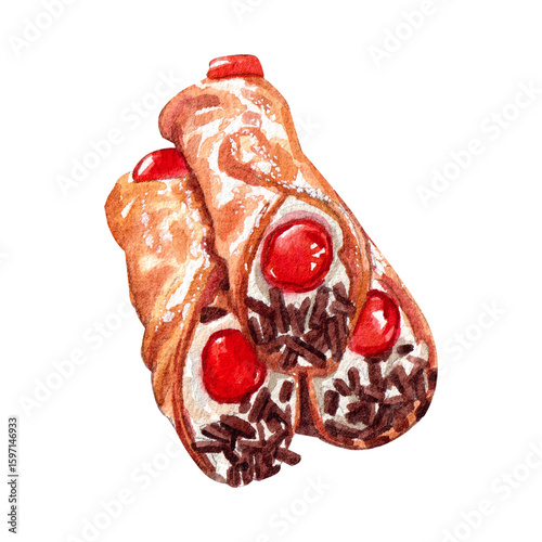 Cannoli Delight: A watercolor rendering of beautifully crafted cannoli, the Italian pastry, showcases a delectable dessert, a visual feast for food lovers.