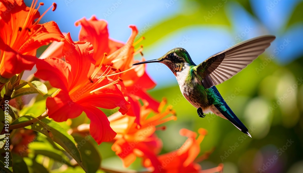 Fototapeta premium Hummingbird in flight, feeding on vibrant orange flowers (2)