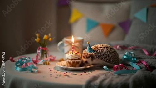 Cute Hedgehog with Birthday Cupcake and Candle