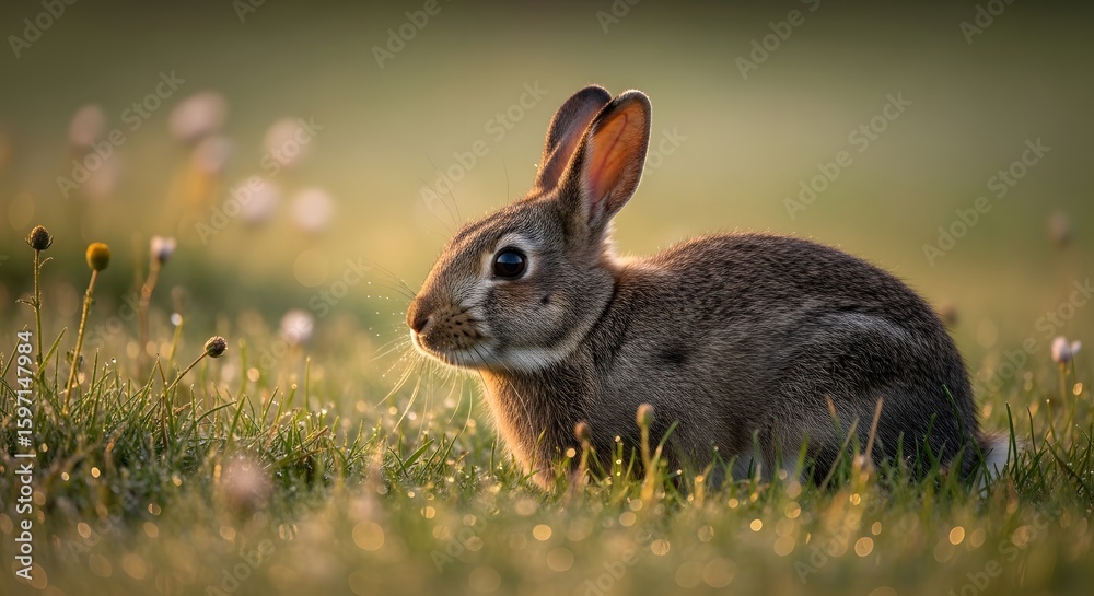 Fototapeta premium Cute Wild Rabbit in Golden Meadow at Sunrise