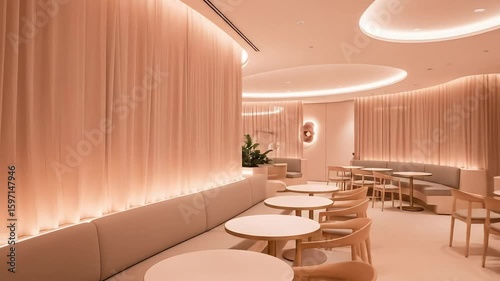 Elegant Curved Seating in a Minimalist Beige Lounge