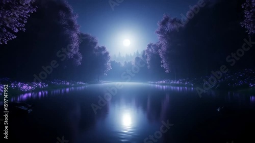 Fantasy Night Scene: Calm Lake, Luminous Purple Flowers, Glowing Forest