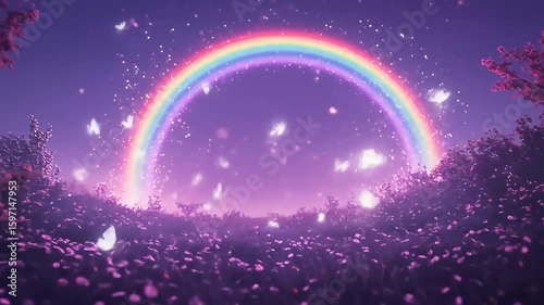 Enchanting Rainbow Scenery With Butterflies And Sparkling Lights