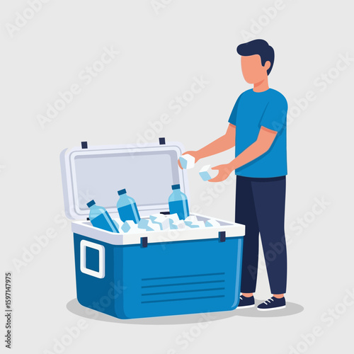 Man Adding Ice to Cooler with Water Bottles Inside Illustration