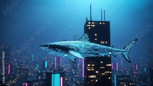 Glowing Blue Circuit Shark Swims Past Neon City Undersea