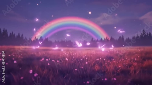 Glowing Butterflies and Rainbow over Purple Flower Field at Night