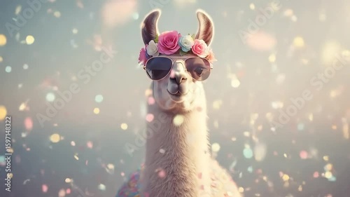 Llama with Flower Crown and Sunglasses in Confetti Shower