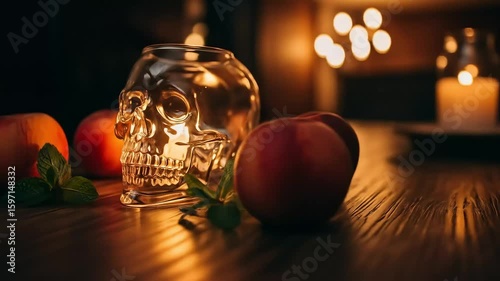 Low Angle Shot Of Glowing Glass Skull Candle With Peaches And Mint On Wooden Table