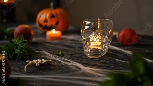 Low Angle Shot Of Halloween Table Setting With Skull Glasses And Peaches