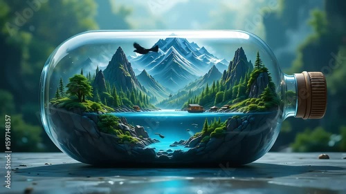 Miniature Mountain Lake Scene Inside Glass Bottle