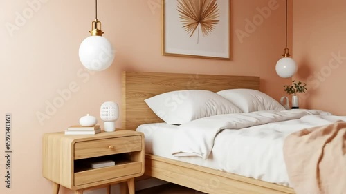 Modern Minimalist Bedroom Interior: Peach Walls Wooden Bed