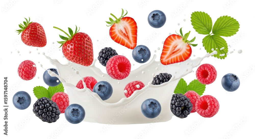 Berries splashing into milk on white background