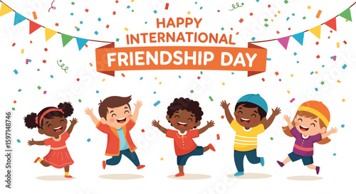 Happy International Friendship Day 2025: Diverse Kids Celebrating. Joyful children jumping under confetti and banner, symbolizing global unity.