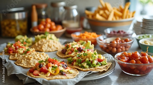 Assorted flatbreads with vibrant toppings and sides on a kitchen counter