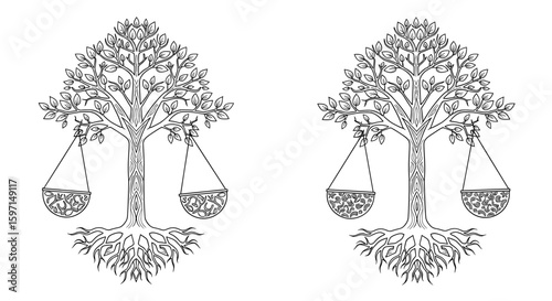 Two trees with scales hanging from branches and detailed root systems in a line art drawing style