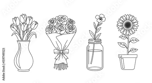 Four floral arrangements in different containers line art illustration drawing design sketch outline style image