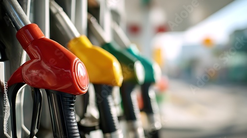 Closeup of MultiColored Gas Pump Nozzles at Service Station, Fueling Cars