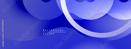 Abstract blue background features overlapping layers, smooth curves, subtle gradients. Modern design evokes fluidity, calmness.