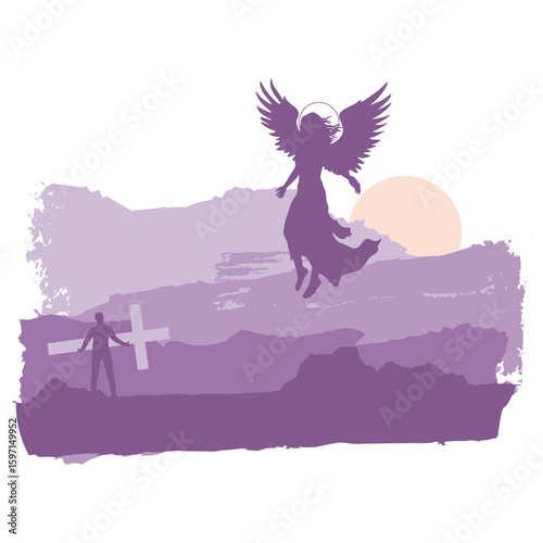 Fantasy woman angel soars in the air with huge bird wings. Girl in levitation flies. Lady goddess in dress, fabric waving fluttering in motion. Man holding cross. Brush paint backdrop