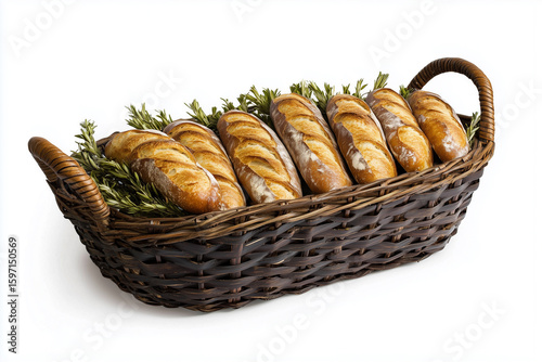 Freshly baked bread and buns in a basket, isolated on white, perfect for a healthy breakfast or snack