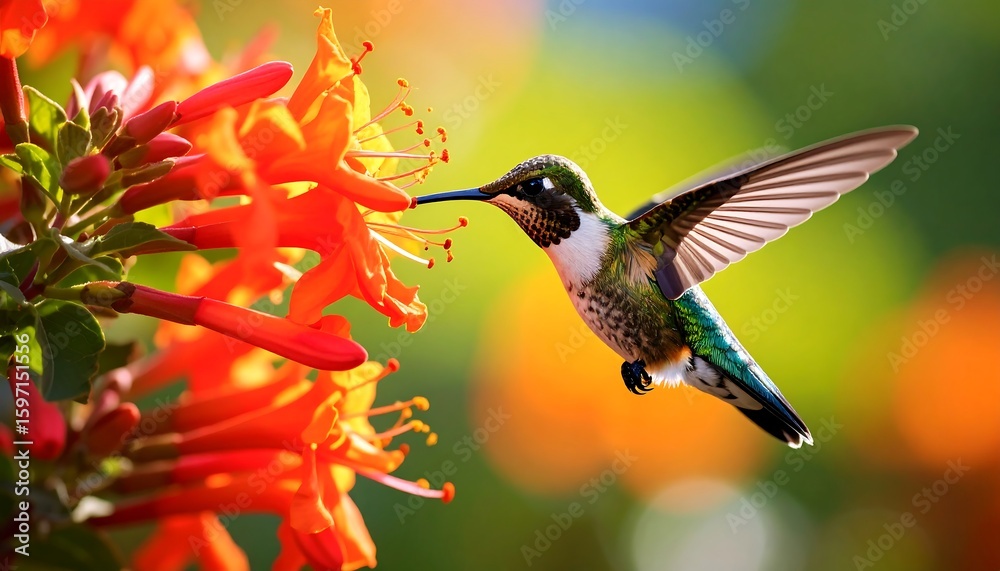 Naklejka premium Hummingbird in flight, nectar feeding on vibrant orange flowers