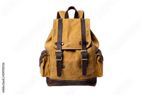 Rugged Vintage-Style Yellow Canvas Backpack with Brown Leather Straps and Buckles