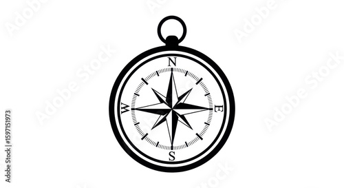 Black and white vector graphic of a compass showing north, east, south and west isolated PNG with Transparent Background