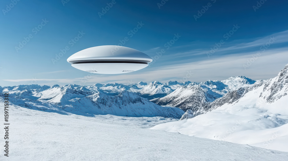 Fototapeta premium Futuristic flying saucer hovers above snowy mountain landscape, showcasing serene