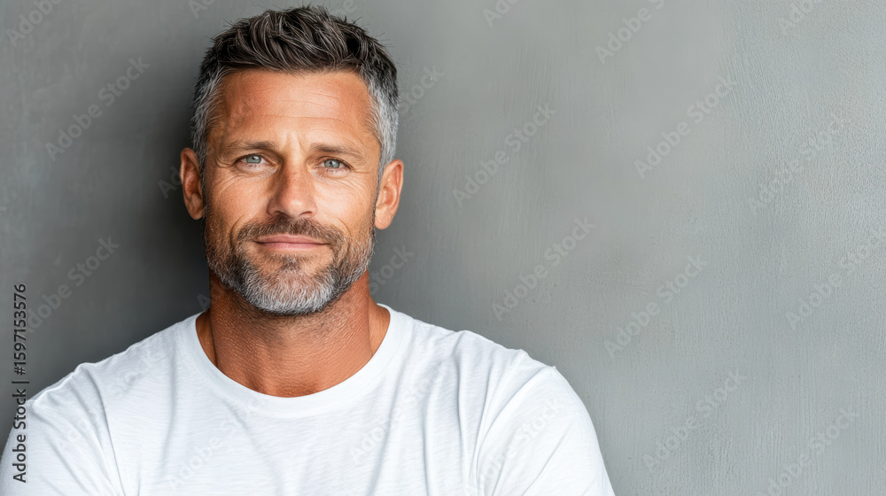 Confident man with short gray hair and beard, smiling against gray background Confident man with short gray hair and beard, smiling against gray background