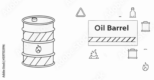 Vector  illustration of an oil barrel with a flame symbol and warning signs on a white background design element