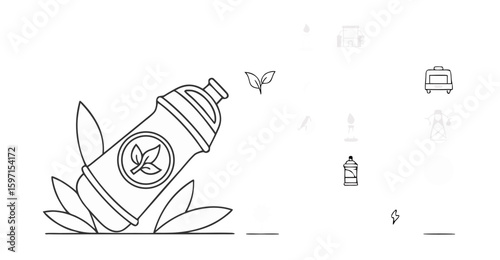 Vector  outline drawing of a reusable water bottle with a leaf logo and faint travel icons in the background