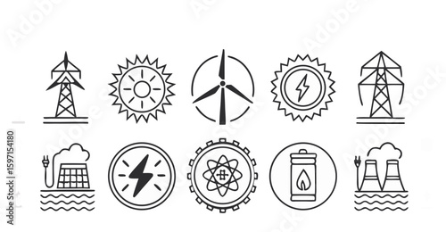 Vector  illustration showcasing various sources of energy including solar wind nuclear and fossil fuels in black and white