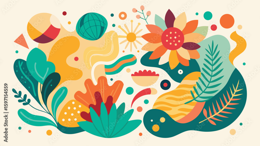 Obraz premium Vibrant Floral Composition: A colorful artistic display of plants, flowers, and abstract shapes, evoking a sense of joy and natural beauty.